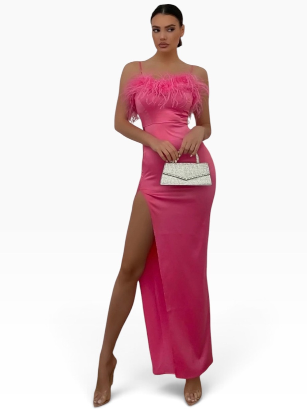 NWOT Satin Feather Boa Trim Soirée Slip Dress